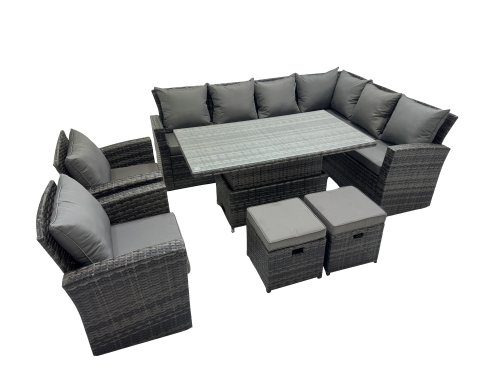 Fimous 10 Seat Rattan Garden Furniture Corner Sofa Set Outdoor Adjustable Lifting Dining or Coffee Table Set with 2 Small Footstools Dark Grey Mixed