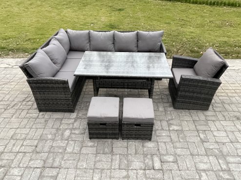 Fimous Outdoor Rattan Garden Furniture Corner Sofa Set with Rectangular Dining Table 2 Small Footstools Armchair Patio Wicker Rattan Set Dark Grey Mixed