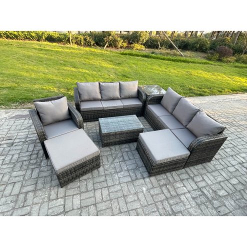 Fimous 9 Seater Rattan Lounge Sofa Set Outdoor Garden Furniture Set with Rectangular Coffee Table 3 Seater Sofa 2 Big Footstool Side Table Dark Grey Mixed