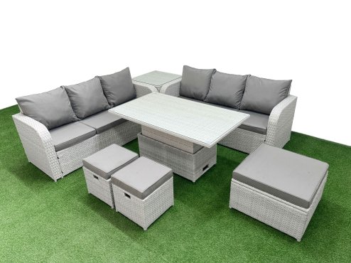 Fimous Outdoor Garden Furniture Sets 9 Seater Wicker Rattan Furniture Sofa Sets with Adjustable Lifting Dining or Coffee Table high Back Lounge Sofa 3 Stools Side Table Light Grey