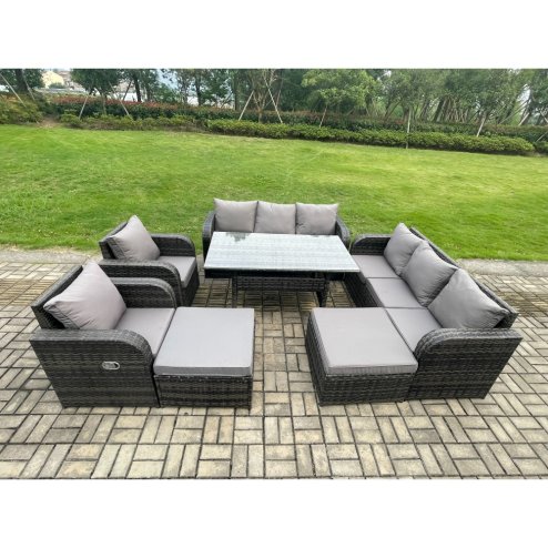 Fimous Patio Rattan Garden Furniture Set with Oblong Rectangular Dining Table 10 Seater Outdoor Lounge Sofa Set Dark Grey Mixed