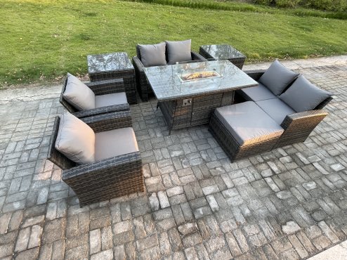 Fimous Wicker PE Rattan Garden Furniture Sets Patio Outdoor Gas Firepit Dining Table Heater Set with Double Seat Sofa 2 Side Tables Big Footstool Dark Grey Mixed