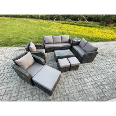 Fimous Patio Garden Furniture Sets Wicker 10 Seater Outdoor Rattan Furniture Sofa Sets with Rectangular Coffee Table Reclining Chair Loveseat Sofa Side Table 3 Footstools