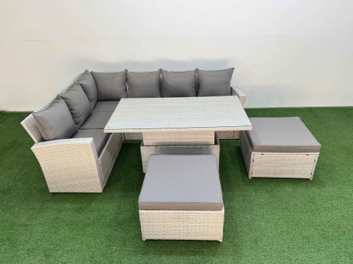 Fimous 8 Seat Rattan Outdoor Garden Furniture Corner Sofa Set Adjustable Lifting Dining or Coffee Table Set with Armchair 2 Big Footstools Light Grey