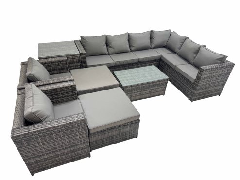 Fimous Patio Sofa Oblong Coffee Table Set Rattan Garden Furniture Set with 2 Chairs 2 Big Stools Side Table Dark Grey Mixed