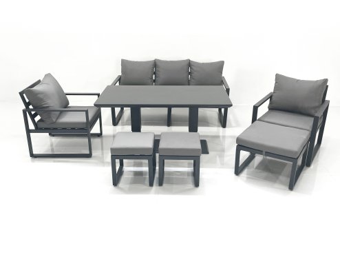Fimous 8 Seater Aluminium Outdoor Garden Furniture Set with Adjustable Rising Lifting Dining Table 3 Seater Sofa 2 Chair 3 Footstool Dark Grey