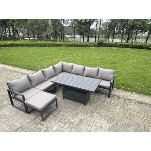 Fimous 11 Piece L-shaped Garden Furniture Set 12-Seater Aluminium Outdoor Dining Set with Adjustable Rising Lifting Dining Table 3 Chairs 2 Small Footstools Dark Grey