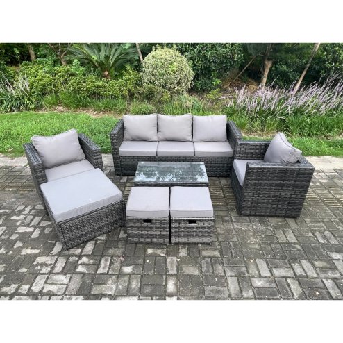 Fimous Outdoor Rattan Garden Furniture Set with 3 Seater Sofa Coffee Table 2 Armchairs 3 Footstools Patio Lounge Sofa Set Dark Grey Mixed
