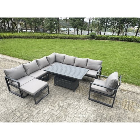 Fimous 8 Seater Aluminium Sofa Set 7 Pieces Outdoor Garden Furniture - Rising Dining Table with Cushions Dark Grey