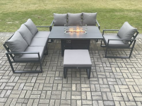 Fimous Aluminium Outdoor Lounge Sofa Garden Furniture Sets Gas Fire Pit Dining Table Set with Arm Chair Big Footstool Dark Grey