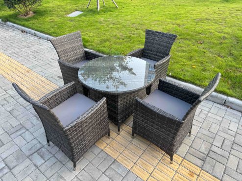 Fimous 5-Piece PE Rattan Garden Furniture 4 Seater Garden Medium Round Table and Chairs for Patio Dark Grey Mixed