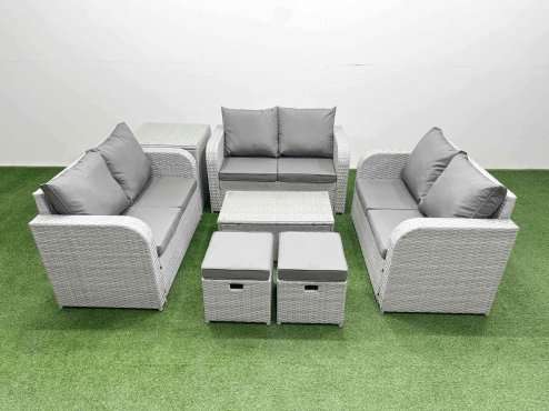 Fimous 8 Seater PE Wicker Rattan Furniture Sofa Sets with Rectangular Coffee Table 2 Seater Love Sofa 2 Stool Side Table Light Grey Image