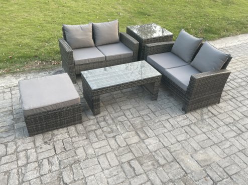 Fimous 5 Pieces Garden Furniture Sets Poly Rattan Outdoor Patio Furniture PE Wicker Furniture Set with Big Footstool Loveseat and Table for Garden Backyard Dark Grey Mixed