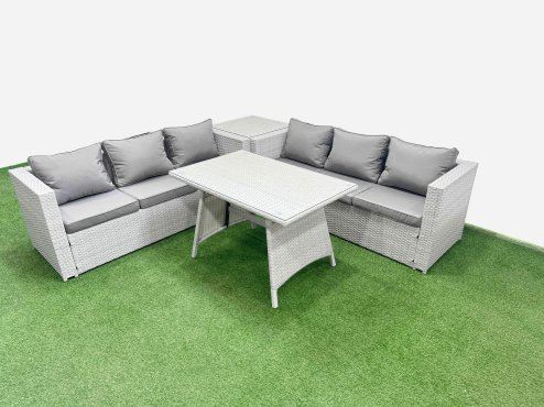 Fimous Rattan Garden Furniture Dining Set 6-seater Patio Rectangular Table 3 Seater Sofa Set with Side Table Light Grey