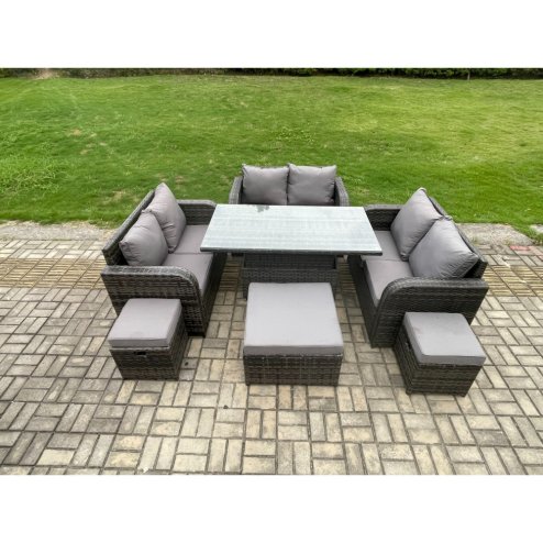 Fimous Rattan Garden Outdoor Furniture 3 PC Love Sofa Set Adjustable Rising lifting Dining Table With 3 Footstools