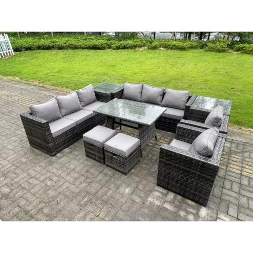 Fimous Wicker Rattan Outdoor Furniture Lounge Sofa Garden Dining Set with Dining Table 2 Side Tables 2 Stools 2 Armchairs 10 Seater Dark Grey Mixed