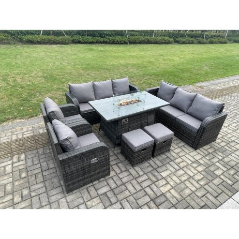 Fimous Garden Patio Furniture Wicker Rattan Gas Fire Pit Table and Sofa Chair set with 2 Small Footstools