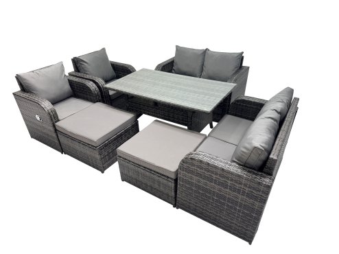 Fimous 8 Seat Outdoor Wicker PE Rattan Garden Furniture Set Dining Table Sofa Sets with 2 Big Stools Dark Grey Mixed