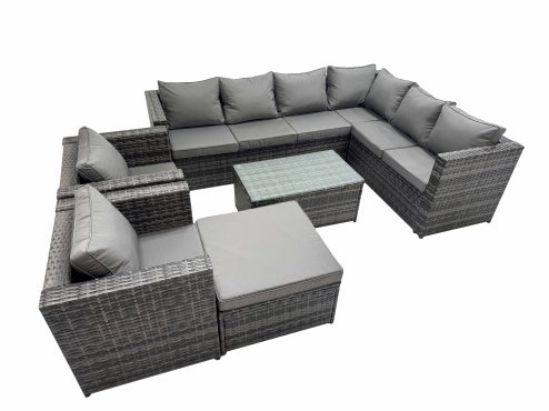Fimous Patio Sofa Oblong Coffee Table Set Rattan Garden Furniture Set with 2 Chairs Big Stool Dark Grey Mixed