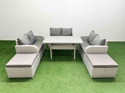 Fimous 8 Seater PE Wicker Rattan Furniture Sofa Sets with Rectangular Dining Table 2 Seater Love Sofa 2 Big Footstool Light Grey