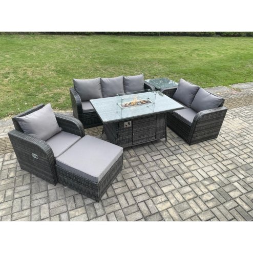 Fimous Garden Patio Furniture Wicker Rattan Gas Fire Pit Table and Sofa Chair set with Side Table Big Footstool