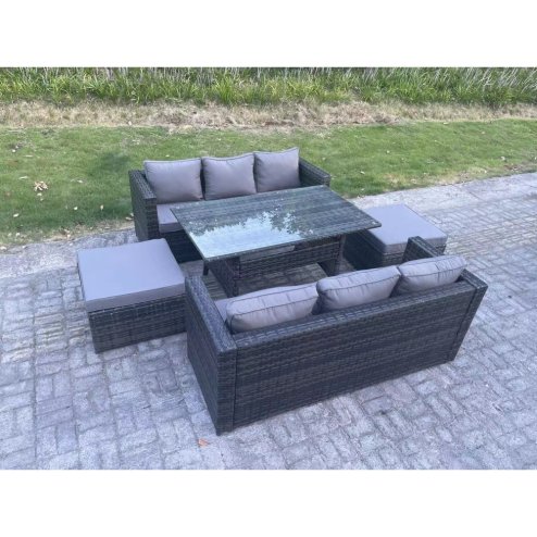 Fimous 8 Seater Outdoor Lounge Sofa Garden Furniture Set Patio Rattan Rectangular Dining Table with 2 Big Footstool Dark Grey Mixed