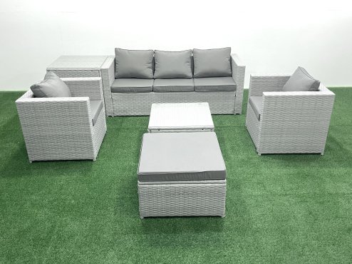 Fimous 6 Seater Rattan Garden Furniture Set with 3 Seater Sofa 2 Chair Square Coffee Table Big Footstool Side Table Light Grey Mixed