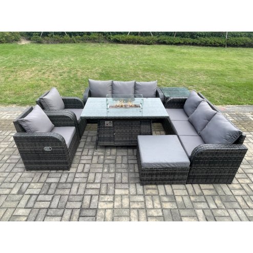 Fimous Garden Patio Furniture Wicker Rattan Gas Fire Pit Table and Sofa set with Recling Chair Side Table Big Footstool