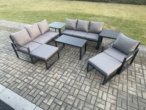 Fimous Aluminium 8 Pieces Garden Furniture Set with Cushions 9 Seater Outdoor Patio Lounge Sofa Set with Armchair 2 Big Footstools 2 Side Tables Dark Grey