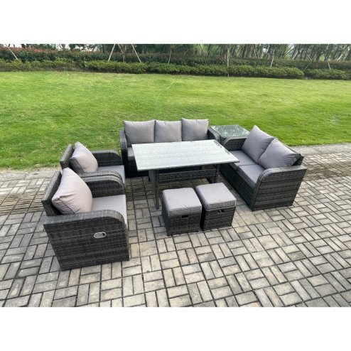 Fimous Dark Grey PE Wicker Rattan Garden Furniture Set Reclining Chair Love Sofa 2 Seater Sofa Set Outdoor Rectangular Dining Table 2 Small Footstools Side Tables 9 Seater
