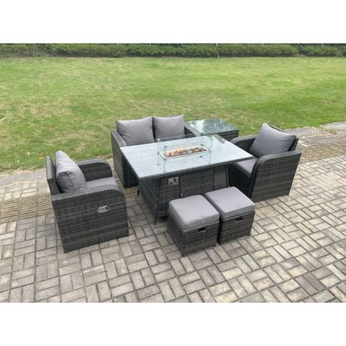 Fimous Rattan Garden Furniture Set Outdoor Patio Gas Fire Pit Dining Table and Chairs with Side Table Love seat Sofa 2 Small Footstools