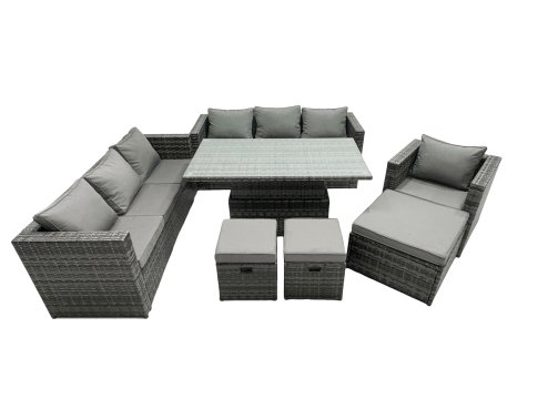 Fimous Rattan Dining Table Sofa Set with 3 Footstool Armchair Outdoor 10 Seat Garden Furniture Set Dark Grey Mixed