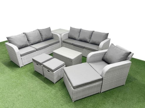 Fimous 10 Seater Poly Rattan Outdoor Garden Furniture Sofa Set Patio 3 Seater Sofa Reclining Chair 3 Seater Sofa 3 Stools Side Table Light Grey