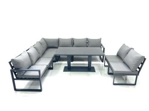 Fimous 9 Seater Outdoor Aluminum Garden Furniture Set Corner Sofa Rising Lifting Dining Table Sets Dark Grey