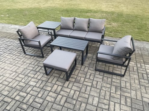 Fimous Aluminium Patio Outdoor Furniture Set 6 Seater Garden Sofa with Oblong Coffee Table Big Footstool 2 Armchairs Side Table Dark Grey