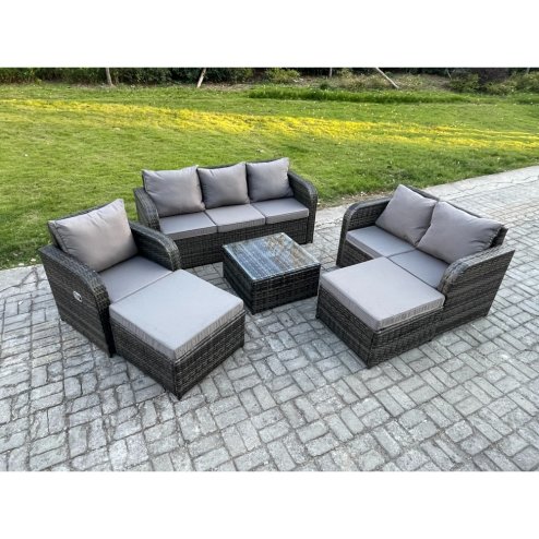Fimous 8 Seater High Back Rattan Garden Furniture Set with Square Coffee Table 2 Big Footstool Indoor Outdoor Patio Lounge Sofa Set Dark Grey Mixed
