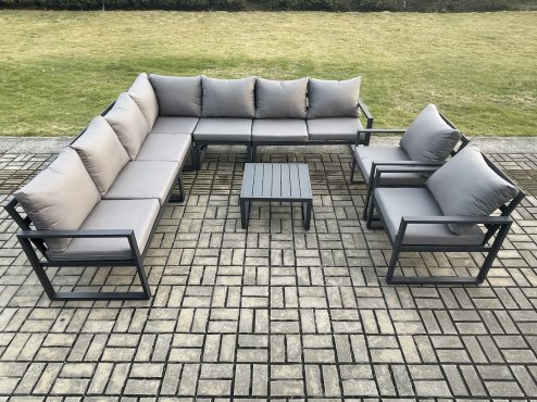 Fimous Outdoor Garden Furniture Patio Lounge Corner Sofa Aluminium Set with Square Coffee Table 2 Pcs Arm Chairs Dark Grey
