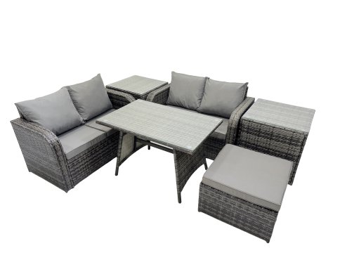 Fimous 5 Seater Garden Outdoor Rattan Furniture Set Rattan Sofa Oblong Dining Table with 2 Side Table Dark Grey