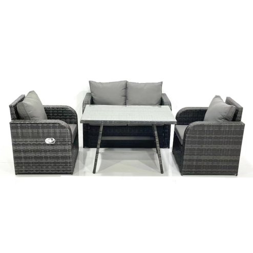 Fimous Outdoor Garden Furniture Set Rattan Sofa Dining Table Set with Reclining Chair Dark Grey Mixed