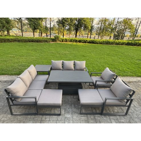 Fimous Garden Aluminium Furniture Set Dark Grey 10 Seater Outdoor Patio Adjustable Rising Lifting Dining Table with 2 Big Footstools Dark Grey