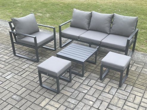 Fimous Aluminium Outdoor Garden Furniture Set Lounge Sofa Chair Square Coffee Table Sets with 2 Small Footstools Dark Grey