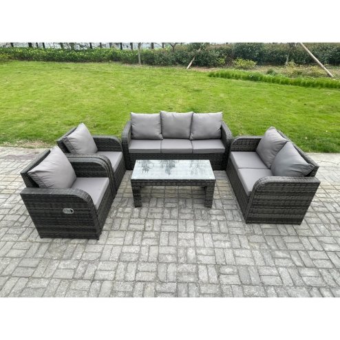 Fimous Patio Garden Furniture Sets Wicker 7 Seater Outdoor Rattan Furniture Sofa Sets with Rectangular Coffee Table Reclining Chair Love seat Sofa