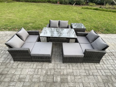 Fimous 8 Seater Wicker PE Rattan Garden Furniture Sets Outdoor Lounge Sofa Set with Oblong Dining Table Double Seat Sofa 2 Big Footstool Side Table Dark Grey Mixed
