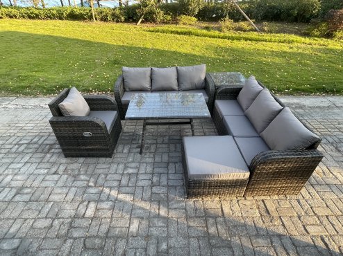 Fimous Outdoor Lounge Sofa Set Wicker PE Rattan Garden Furniture Set with Rectangular Dining Table Reclining Chair Big Footstool Side Table Dark Grey Mixed
