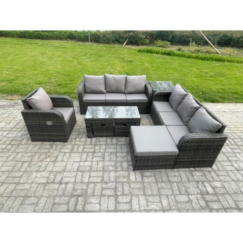 Fimous 10 Seater Outdoor Lounge Sofa Set Rattan Garden Furniture Set with Rectangular Coffee Table 3 Footstools 3 Seater Sofa Side Table Dark Grey Mixed