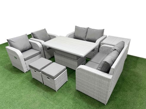 Fimous 8 Seater Outdoor Reclining Chair Love Sofa Set Rattan Garden Furniture Set with Adjustable Lifting Dining or Coffee Table 2 Stools Side Table Light Grey