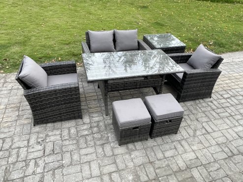 Fimous PE Wicker Outdoor Garden Furniture Set Patio Furniture Rattan Rectangular Dining Table Lounge Sofa with Side Table 2 Small Footstool