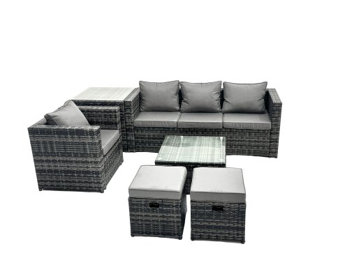Fimous Outdoor Rattan Garden Furniture Set 6 Seater Patio Lounge Sofa Set with Armchair Square Coffee Table Side Table 2 Small Footstools Dark Grey Mixed