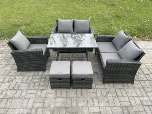 Fimous Wicker PE Rattan Garden Dining Set Outdoor Furniture Sofa with Rectangular Dining Table Love Seat Sofa 2 Small Footstools Dark Grey Mixed
