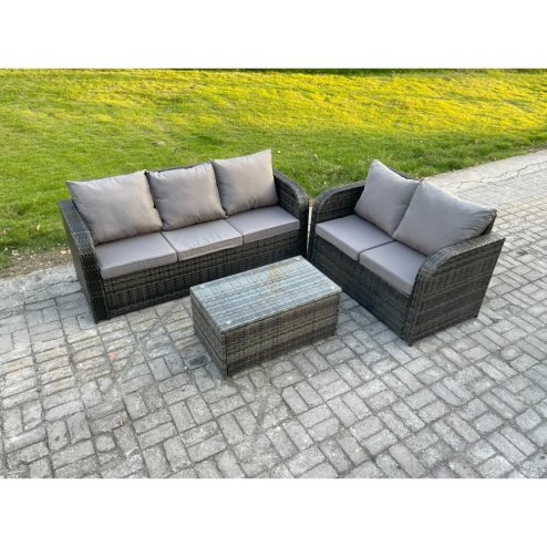 Fimous 5 Seater Rattan Wicker Garden Furniture Patio Conservatory Sofa Set with Rectangular Coffee Table 3 Seater Sofa Love Sofa